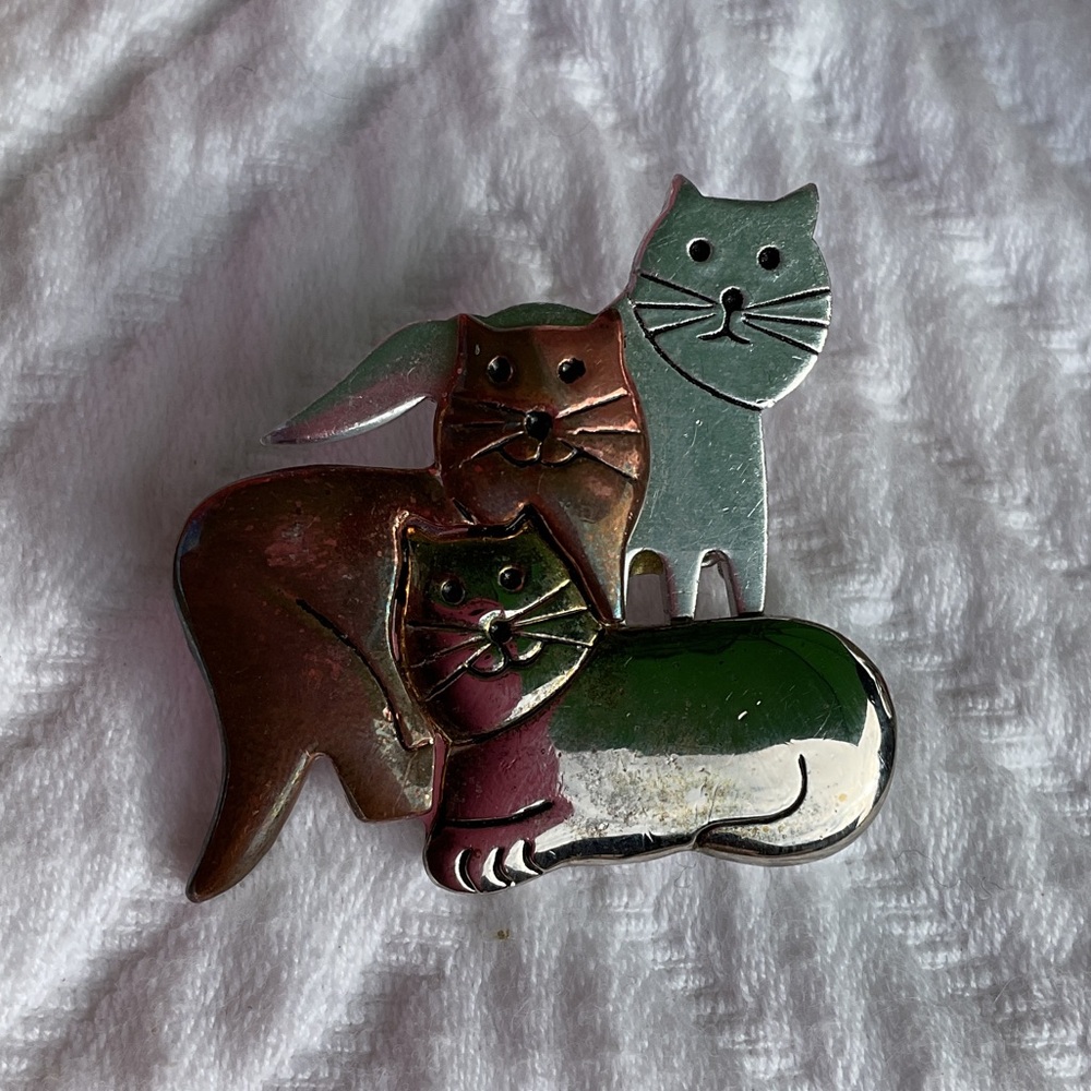 Colorful Cat Brooch three color silver copper and a polished silver